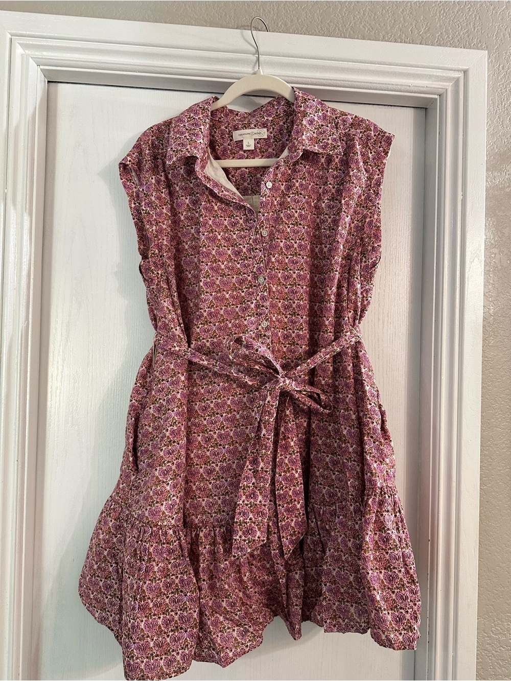 Treasure & Bond Pink Floral Tie-Waist Shirt Dress